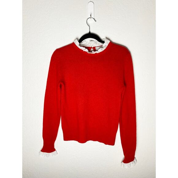 Vintage Women's Buyers Workshop Lambs Wool Angora Blend Red Sweater White Trim - Picture 1 of 7